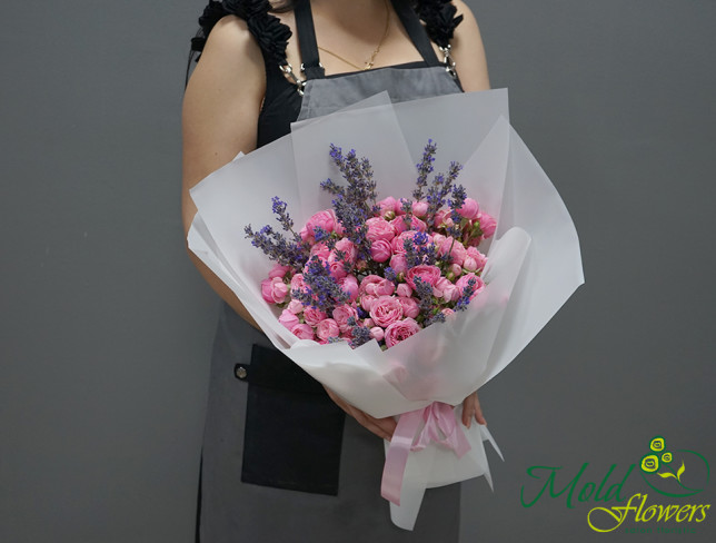 Bouquet with pink peony roses and lavender photo